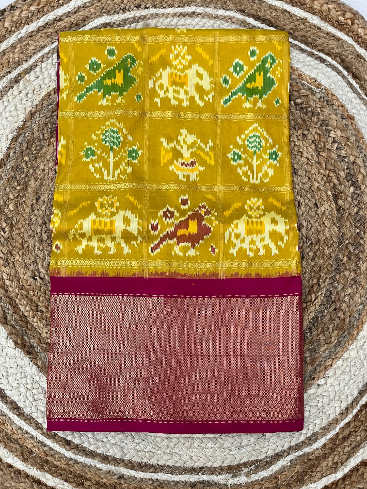 Mustard Yellow and Magenta Ikkat Patola Silk Saree