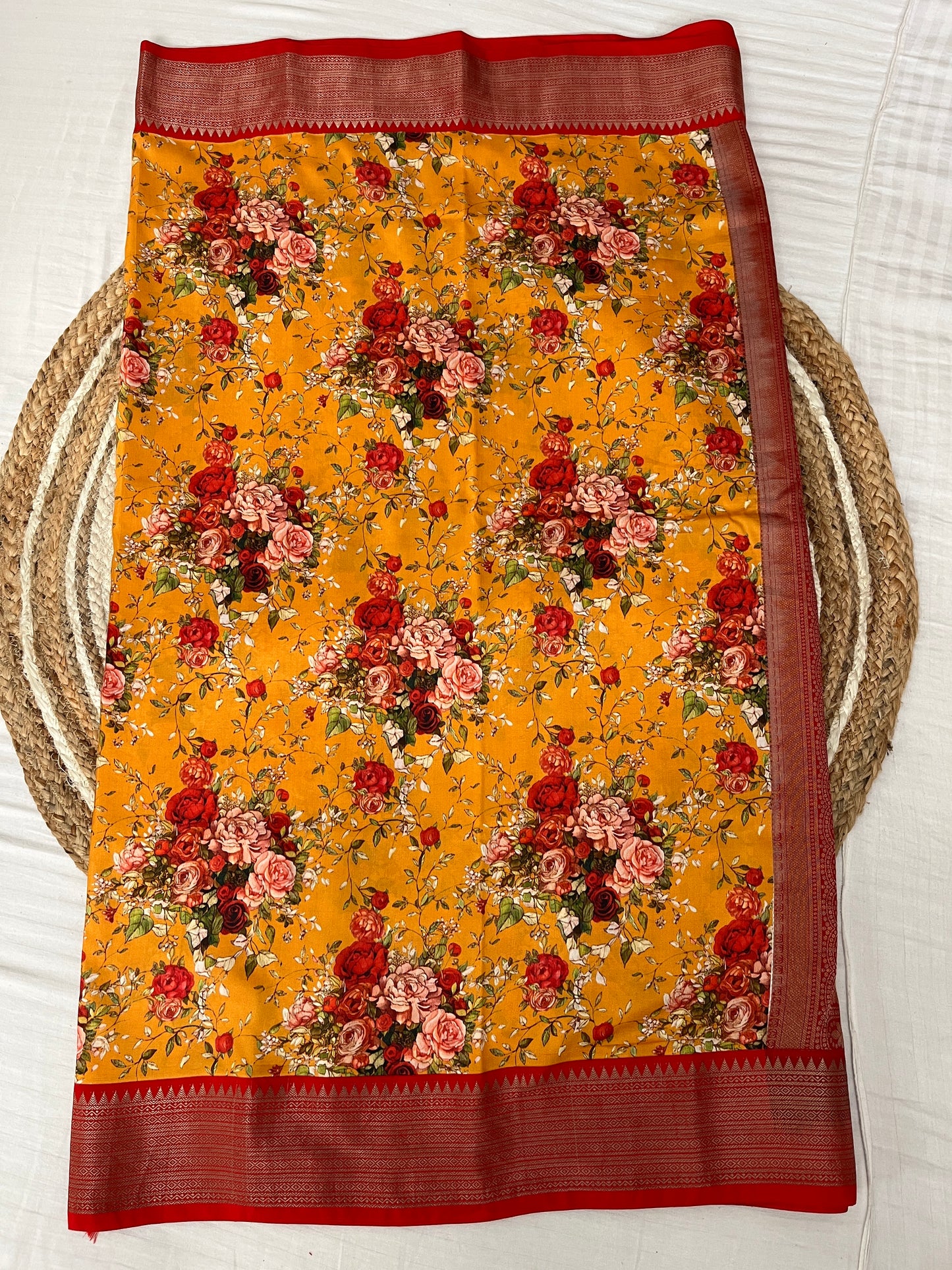 Mango Yellow with Red Digital Print Silk Saree
