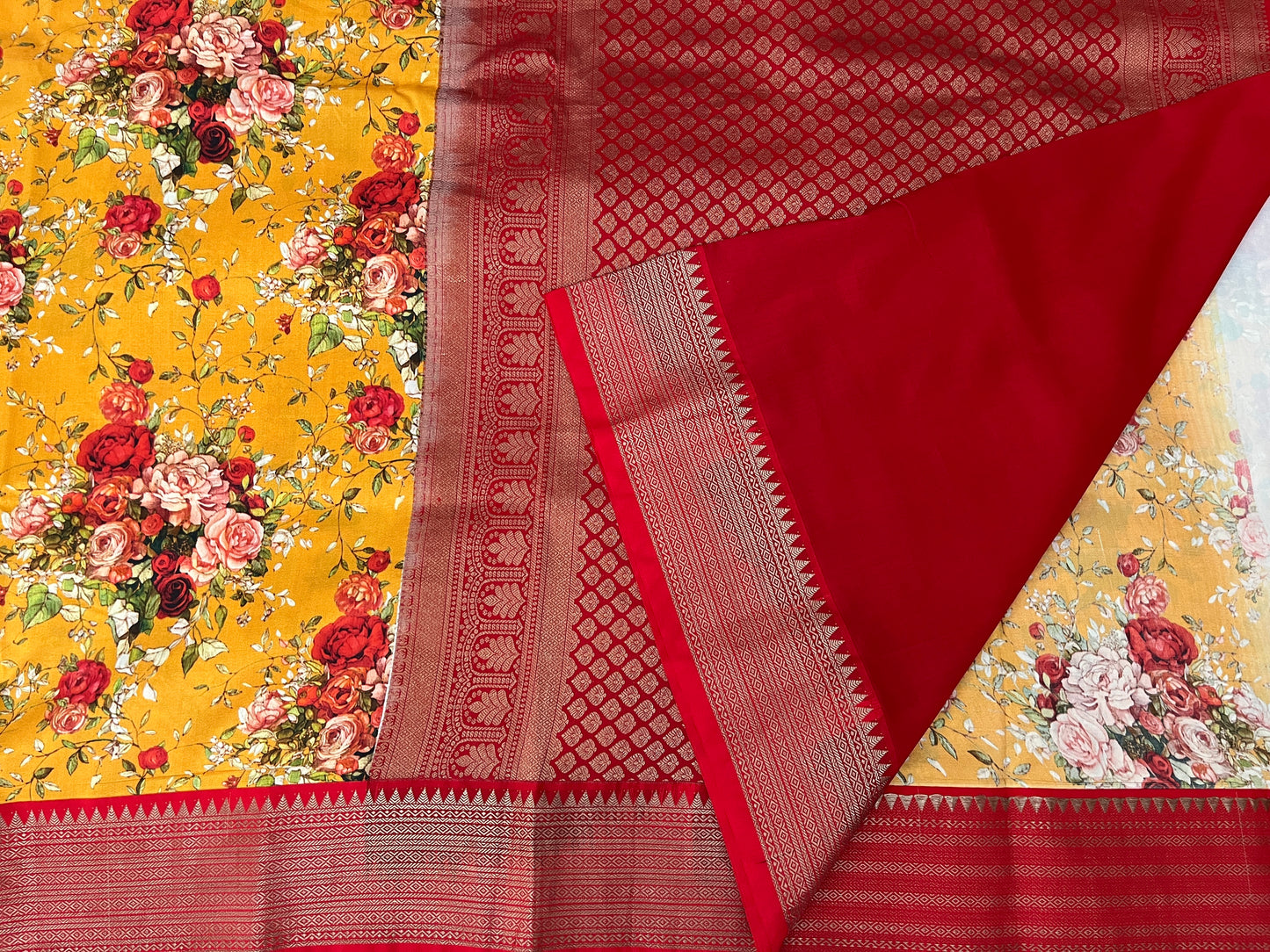Mango Yellow with Red Digital Print Silk Saree