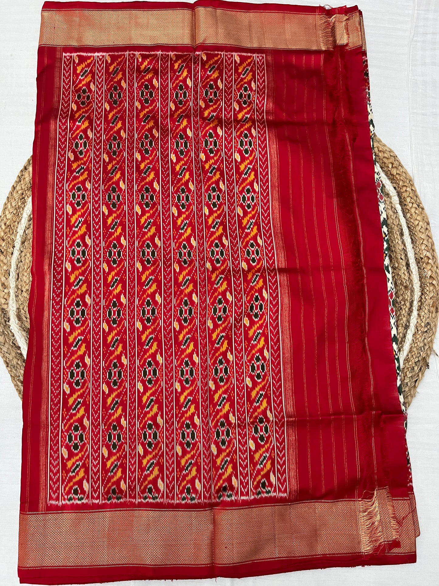 White and Red Ikkat Patola Silk Saree