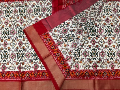 White and Red Ikkat Patola Silk Saree