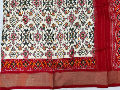 White and Red Ikkat Patola Silk Saree