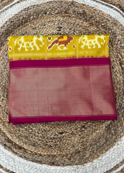 Mustard Yellow and Magenta Ikkat Patola Silk Saree