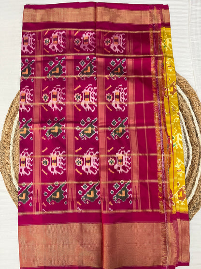 Mustard Yellow and Magenta Ikkat Patola Silk Saree