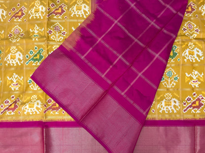 Mustard Yellow and Magenta Ikkat Patola Silk Saree