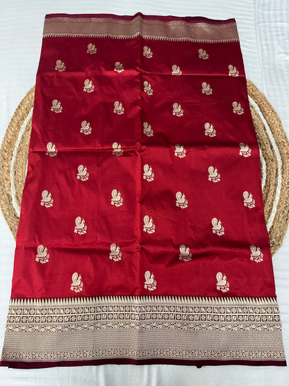 Crimson Red Katan Silk Meena Saree