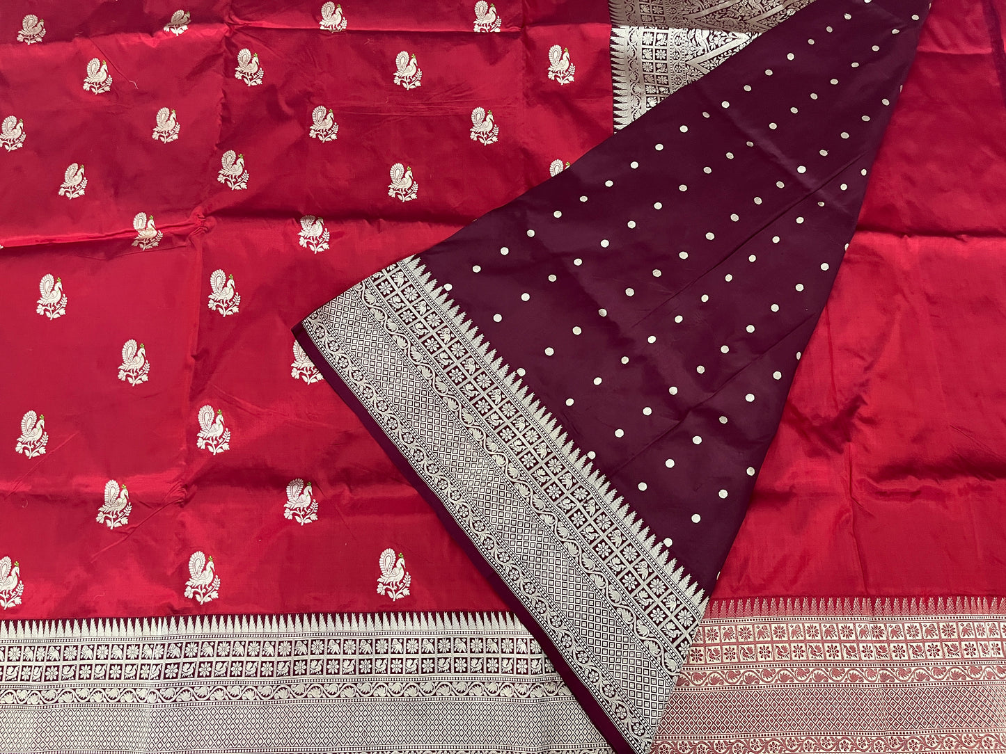 Crimson Red Katan Silk Meena Saree