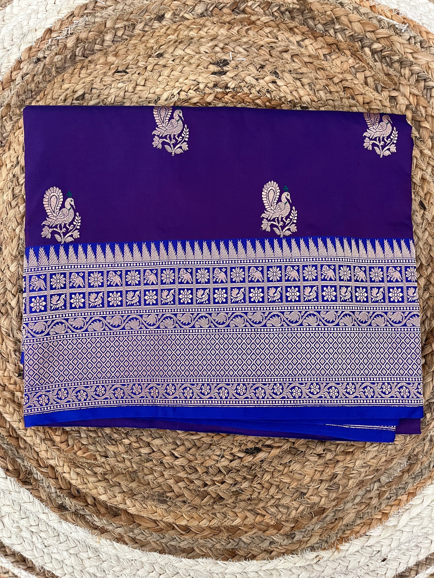 Purple and Royal Blue Katan Silk Meena Saree