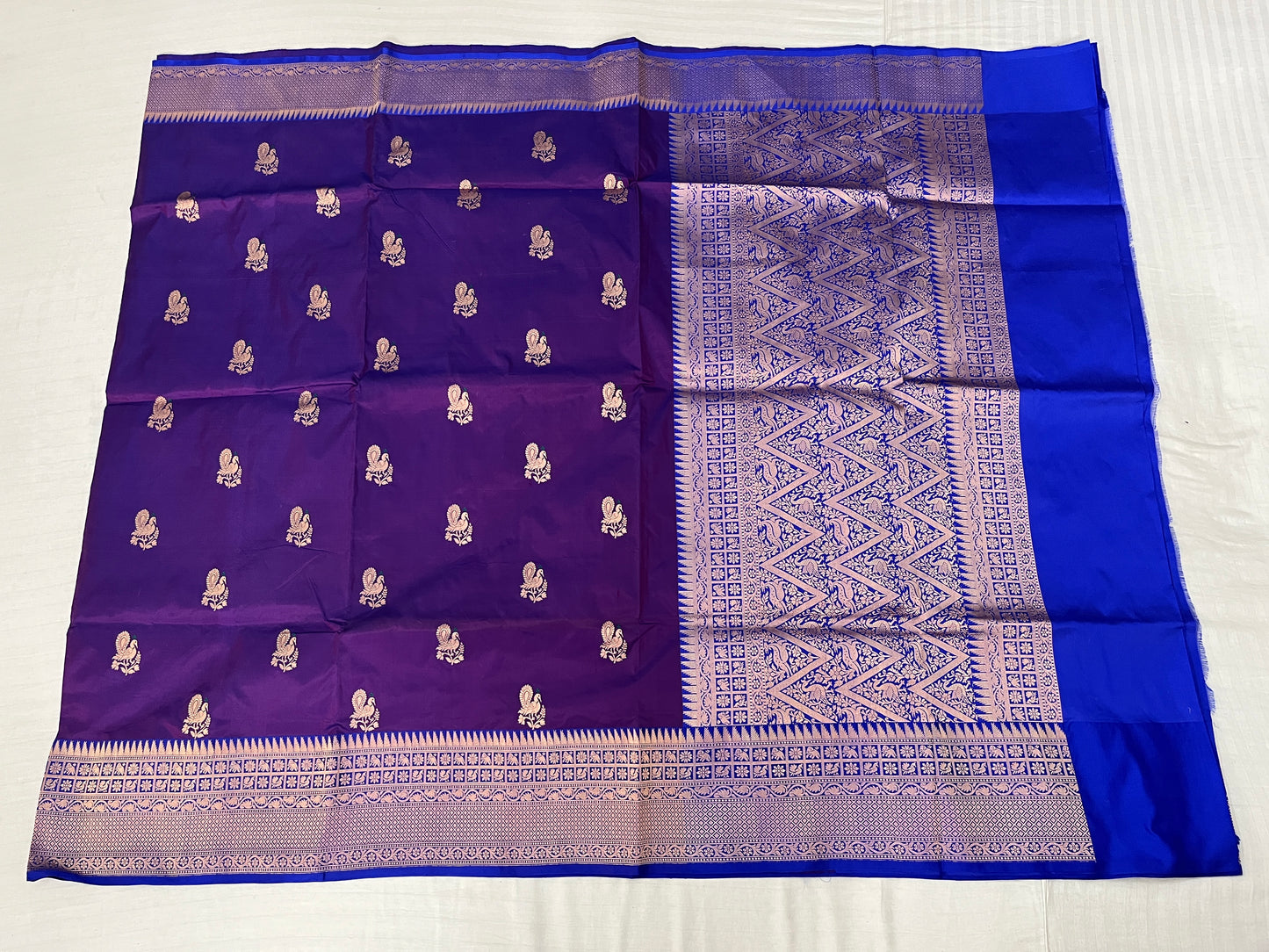 Purple and Royal Blue Katan Silk Meena Saree