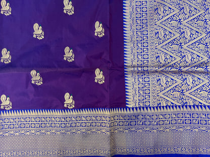 Purple and Royal Blue Katan Silk Meena Saree