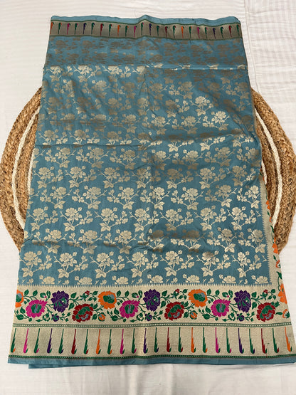 Bluish Grey Katan Silk Paithani Brocade Saree