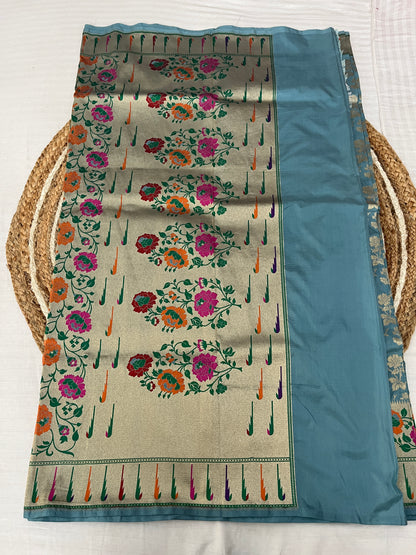 Bluish Grey Katan Silk Paithani Brocade Saree