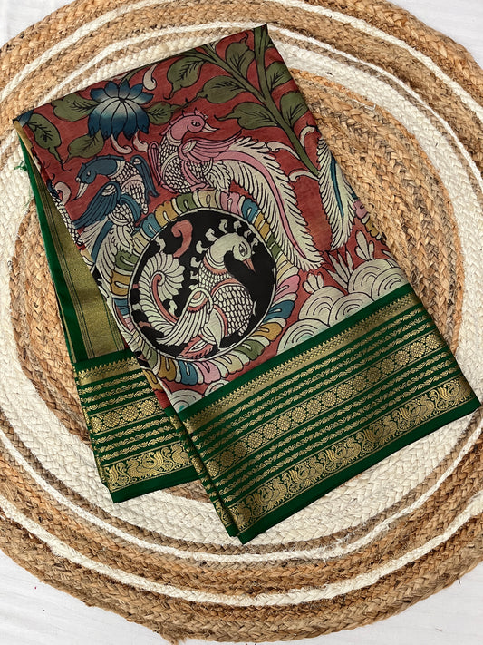 Brick Red with Dark Green Kalamkari Silk Saree