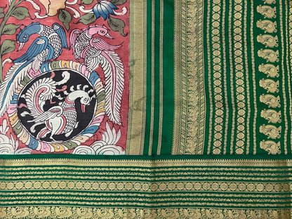 Brick Red with Dark Green Kalamkari Silk Saree