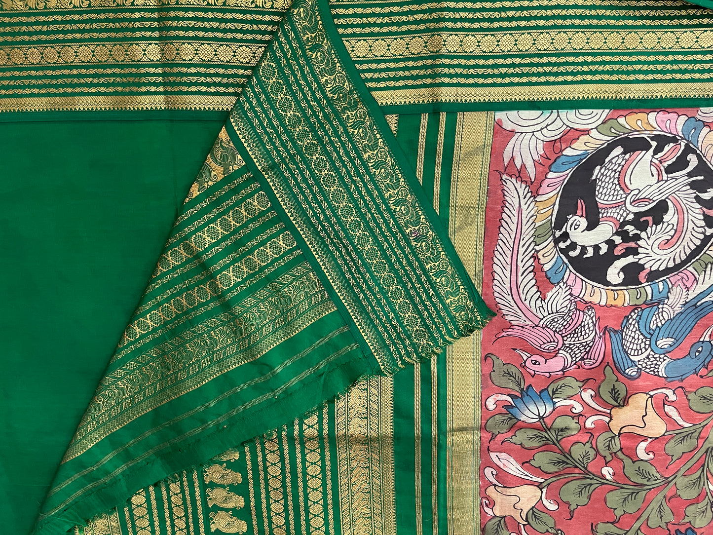 Brick Red with Dark Green Kalamkari Silk Saree