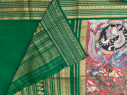 Brick Red with Dark Green Kalamkari Silk Saree