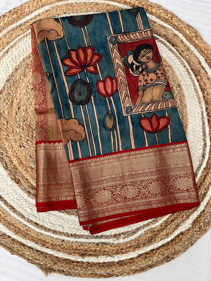 Blue and Red Kalamkari Silk Saree