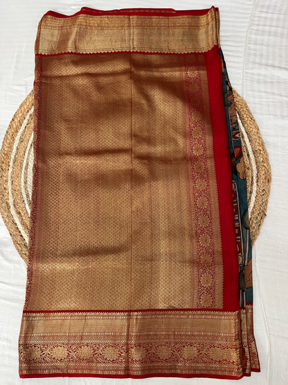 Blue and Red Kalamkari Silk Saree