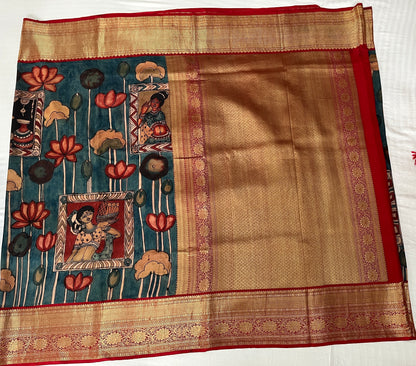 Blue and Red Kalamkari Silk Saree