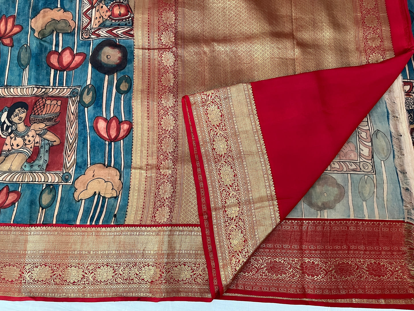 Blue and Red Kalamkari Silk Saree