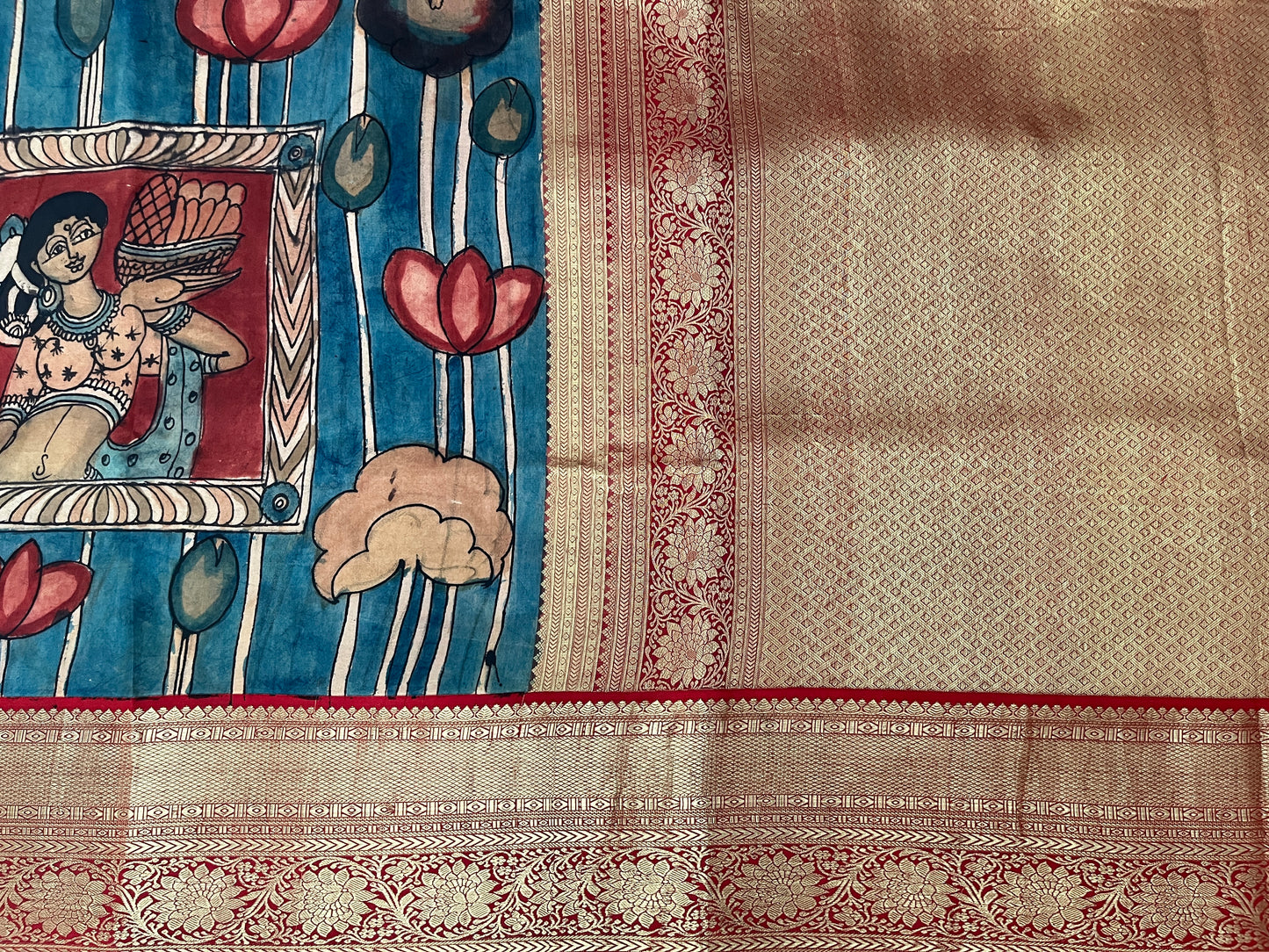 Blue and Red Kalamkari Silk Saree