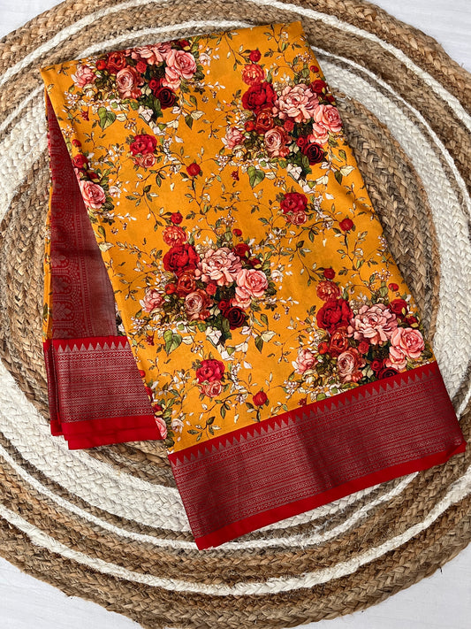 Mango Yellow with Red Digital Print Silk Saree