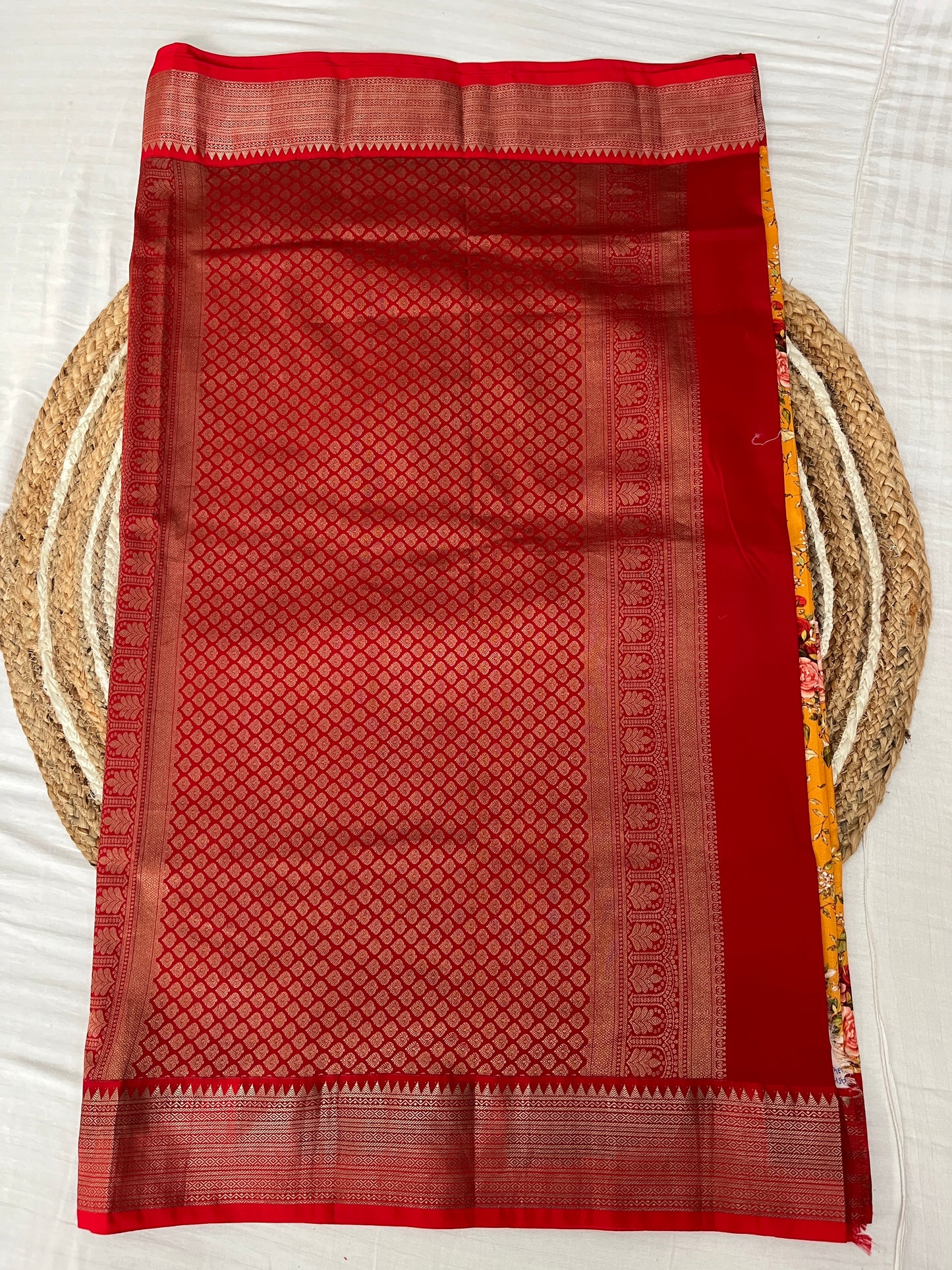 Mango Yellow with Red Digital Print Silk Saree