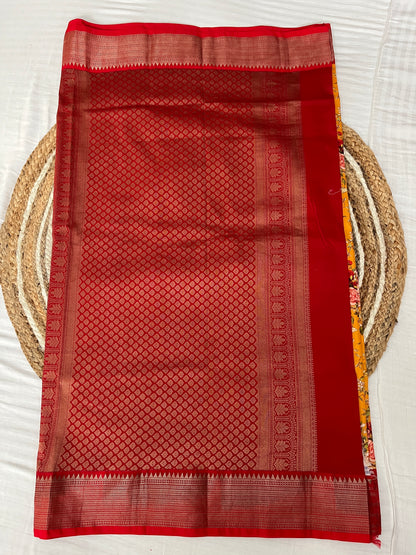 Mango Yellow with Red Digital Print Silk Saree