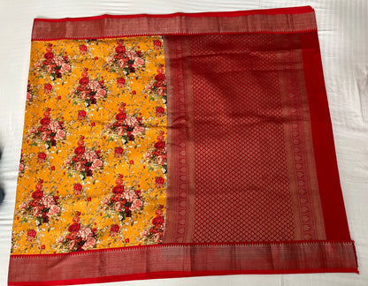 Mango Yellow with Red Digital Print Silk Saree