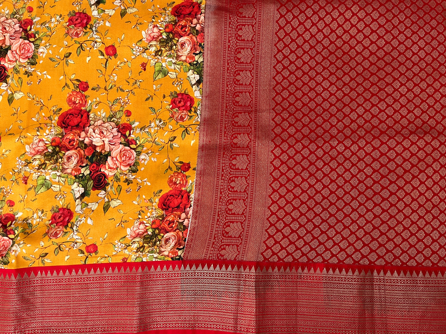 Mango Yellow with Red Digital Print Silk Saree