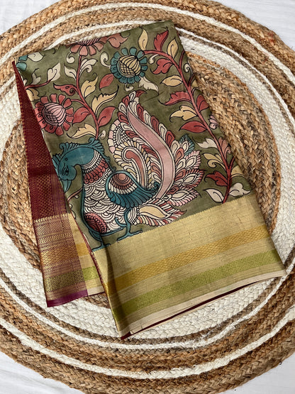 Green with Red Kalamkari Silk Saree