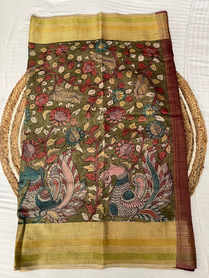 Green with Red Kalamkari Silk Saree