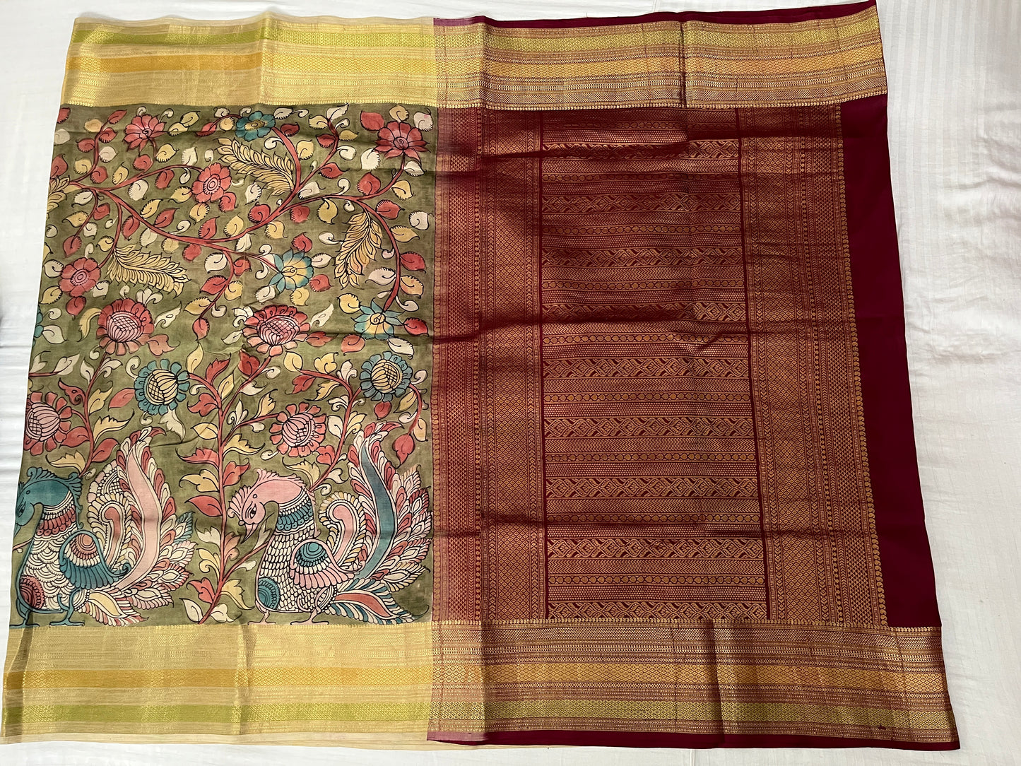 Green with Red Kalamkari Silk Saree