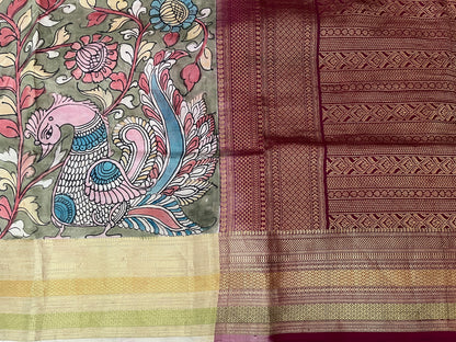 Green with Red Kalamkari Silk Saree