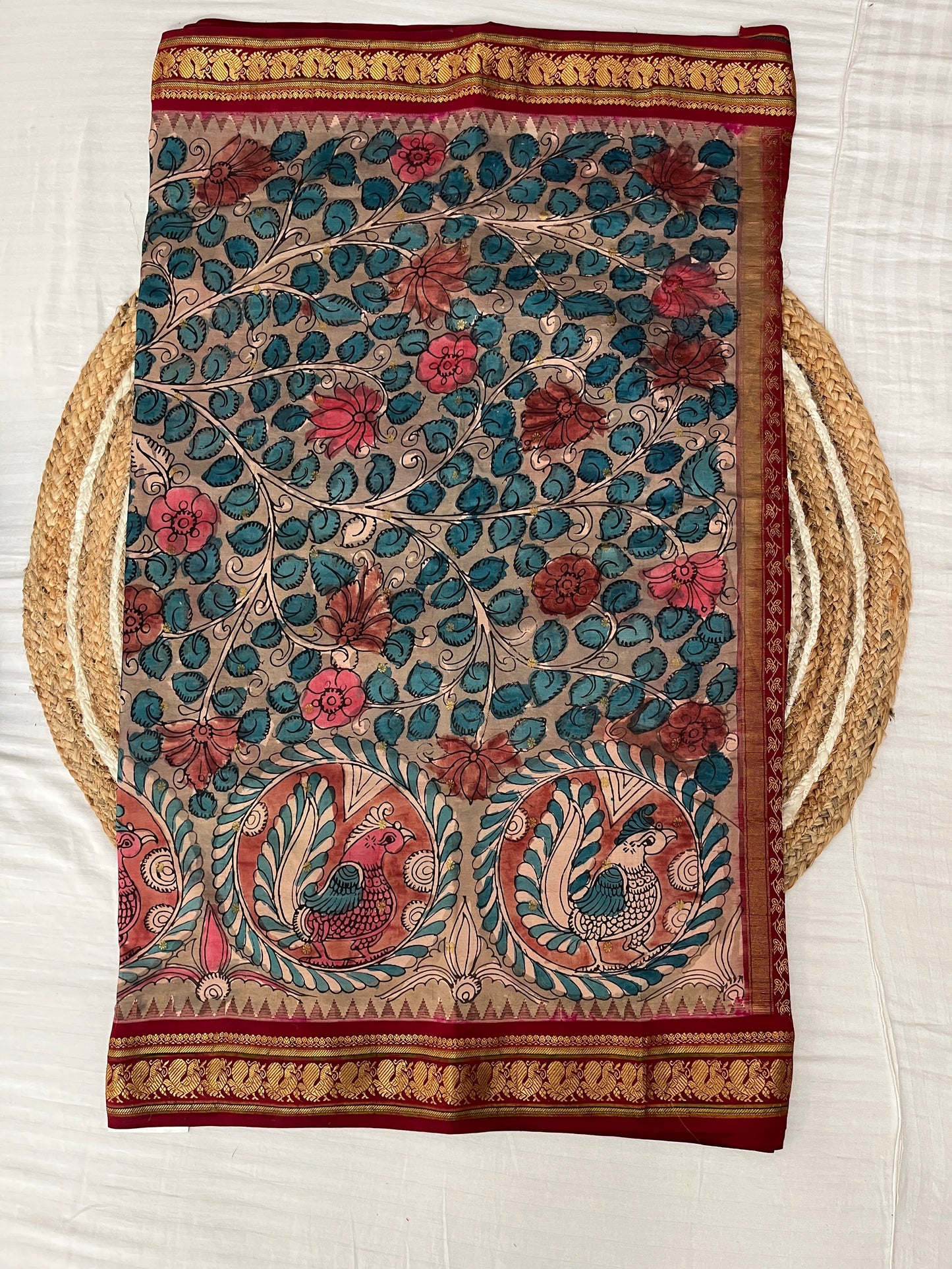 Brown and Red Kalamkari Silk Saree