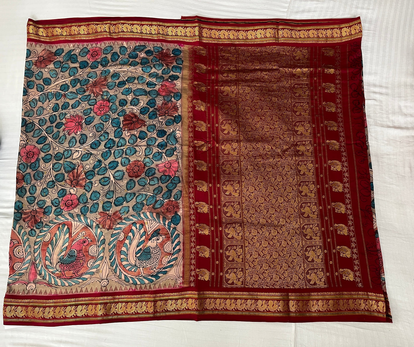 Brown and Red Kalamkari Silk Saree