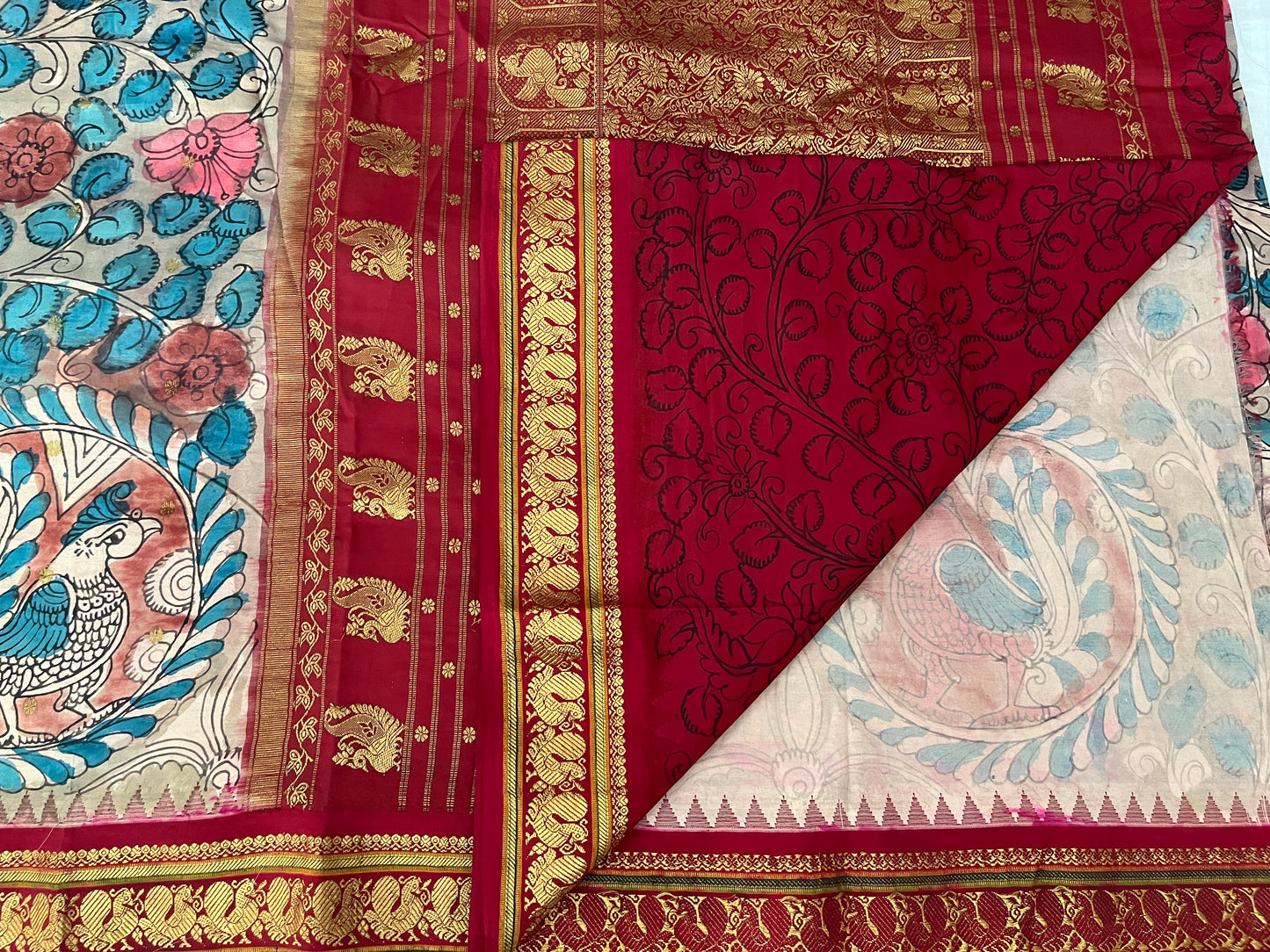 Brown and Red Kalamkari Silk Saree