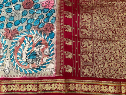 Brown and Red Kalamkari Silk Saree