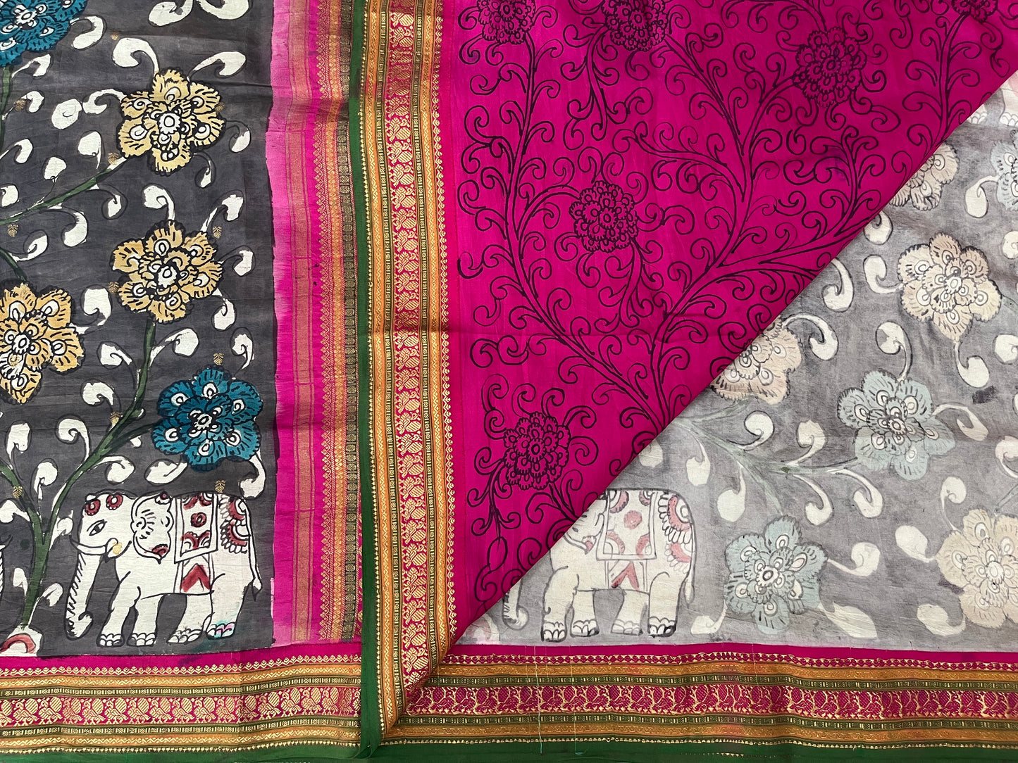 Dark Brown and Pink Kamakari Silk Saree